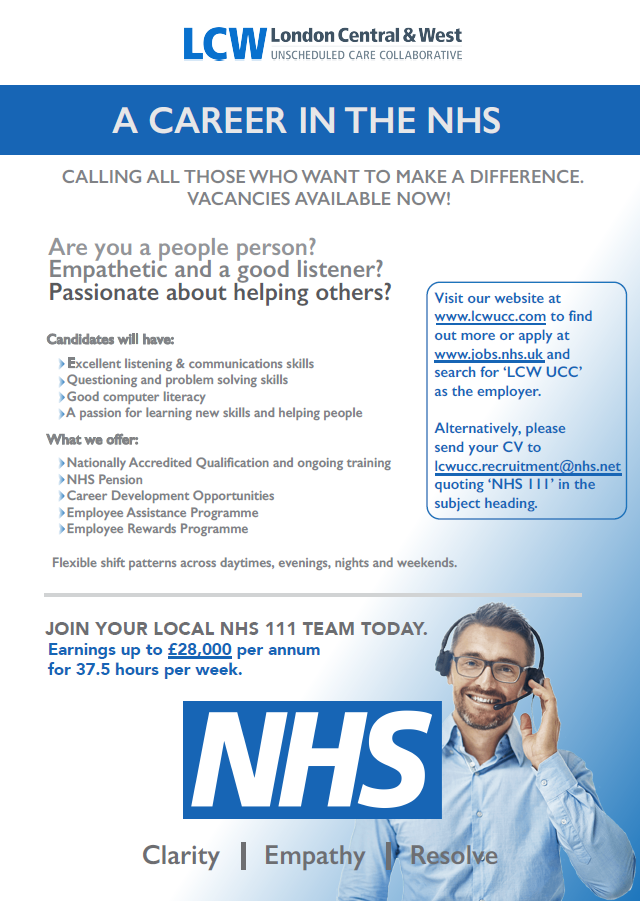 How about a career in NHS 111? LCW is recruiting London Central & West